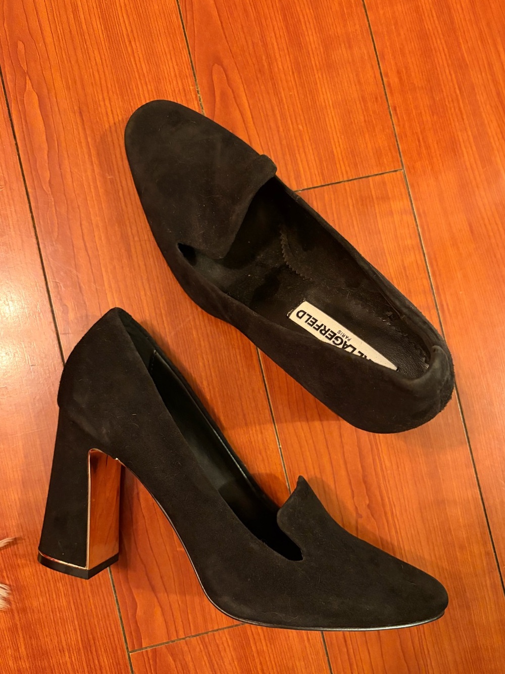 Karl Lagerfeld Black Suede Block Heel Pumps with Gold Accent